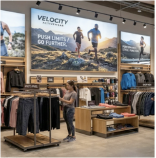 custom retail signage and graphic displays reinforcing brand identity within a modern apparel store environment